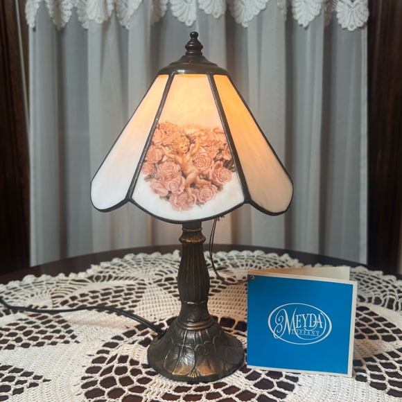 Vintage Tiffany Lamp Stand Glass Shade Victorian Angel Cherub Fairy Floral MCM